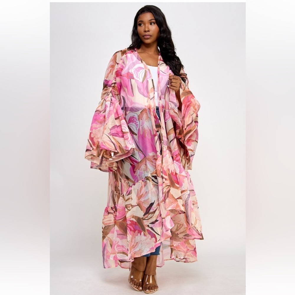 Floral Pink and Brown Sheer Cardigan